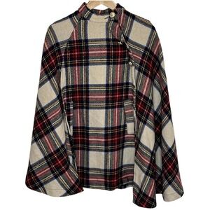 Plaid Wool-Blend Button-Neck Cape Poncho — Cream Red Tartan, Asymmetric Pullover